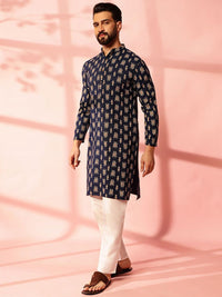 Anouk Ethnic Motifs Printed Band Collar Ikat Technique Cotton Linen Straight Kurta