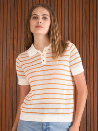 SASSAFRAS Women Crochet Stripess Polo Beach Cover-up T-Shirt