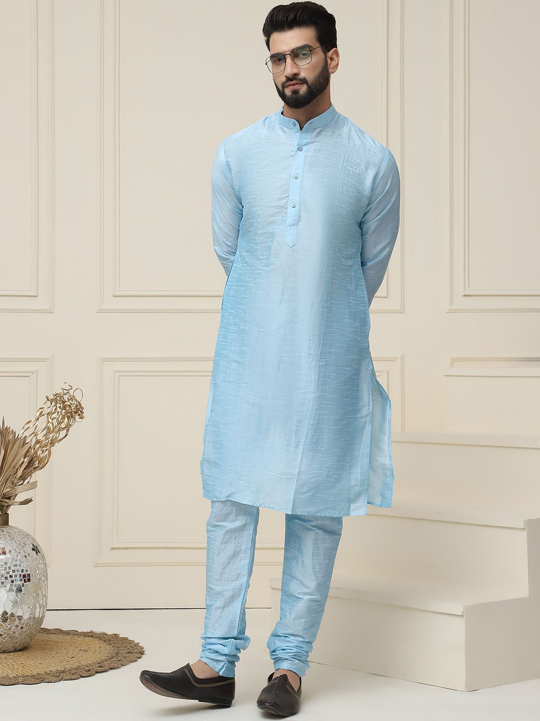SOJANYA Mandarin Collar Silk Cotton Straight Kurta with Churidar