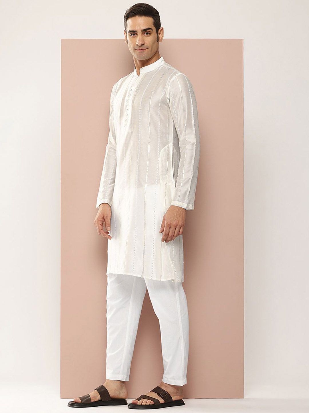 See Designs Mandarin Collar Striped Embroidered Sequinned Chanderi Silk Straight Kurta