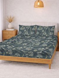 KLOTTHE Green Floral  Printed 300 TC Double Bedsheet with 2 Pillow Covers