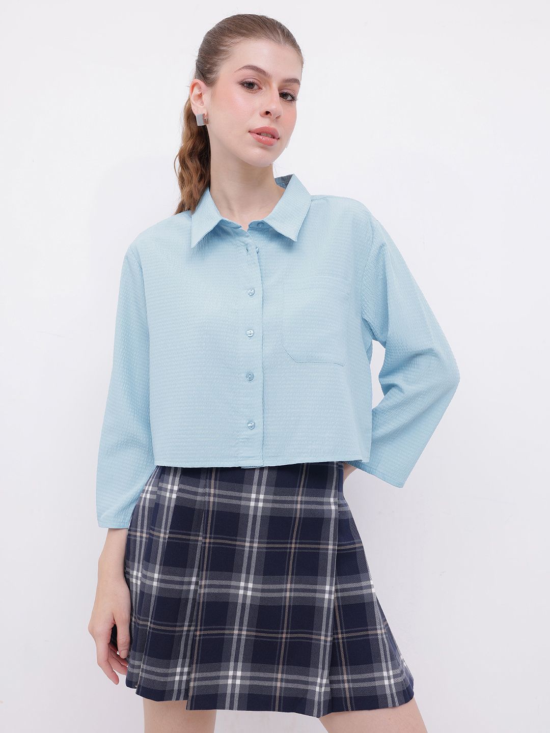DressBerry Playful Allusion Seersucker Relaxed Fit Crop Shirt