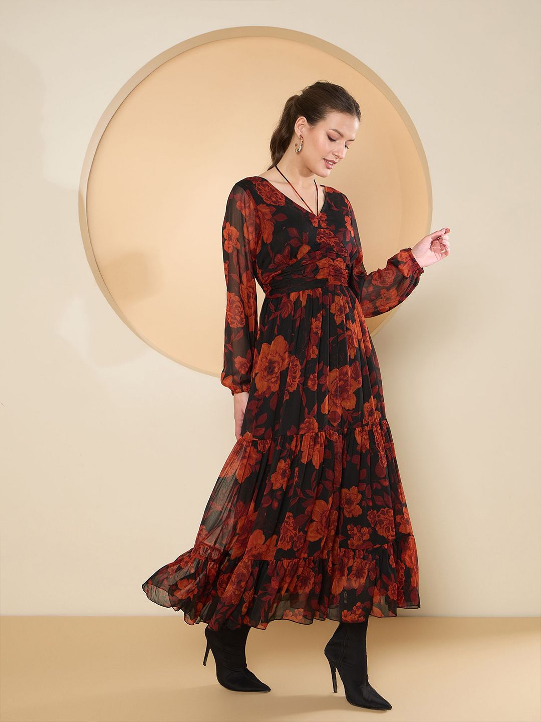 Antheaa Floral Print Chiffon Fit & Flare Maxi Dress