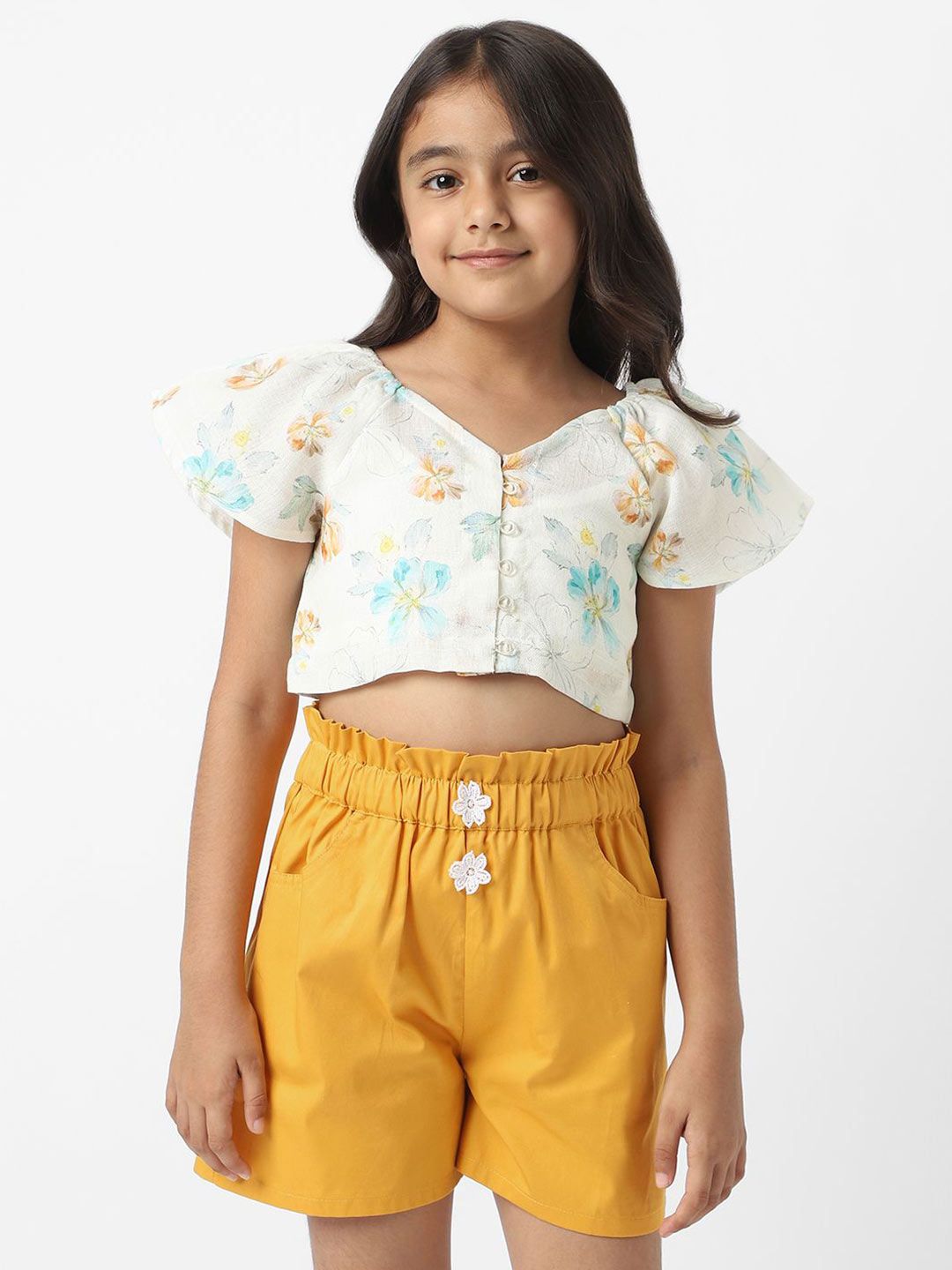 Nauti Nati Girls Floral Printed V-Neck Top With Shorts