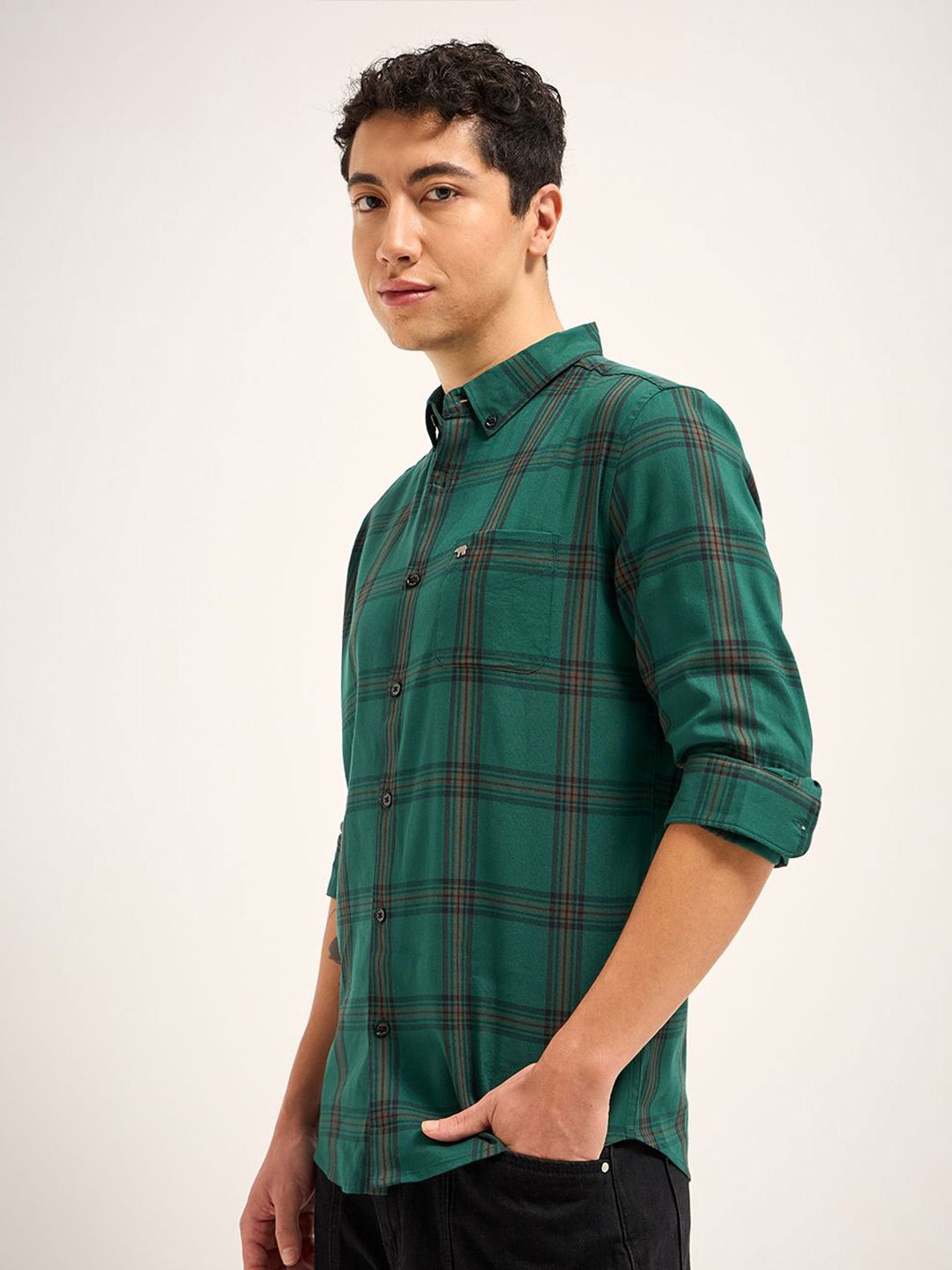 THE BEAR HOUSE Men Button-Down Collar Checked Cotton Slim Fit Casual Shirt