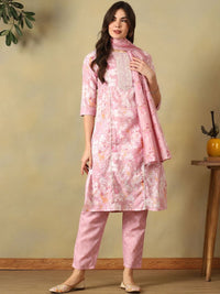 Mamicha Women Floral Printed Regular Thread Work Pure Cotton Kurta with Trousers & With Dupatta