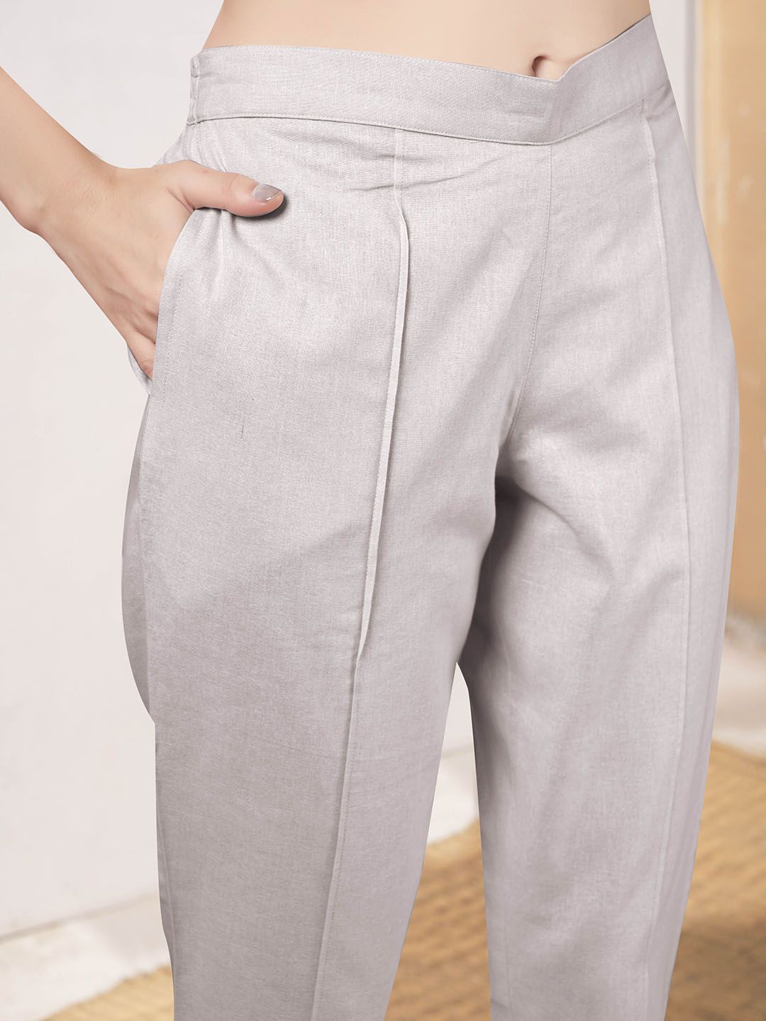 Anouk Grey V-Neck Pure Cotton Tunic With Trousers