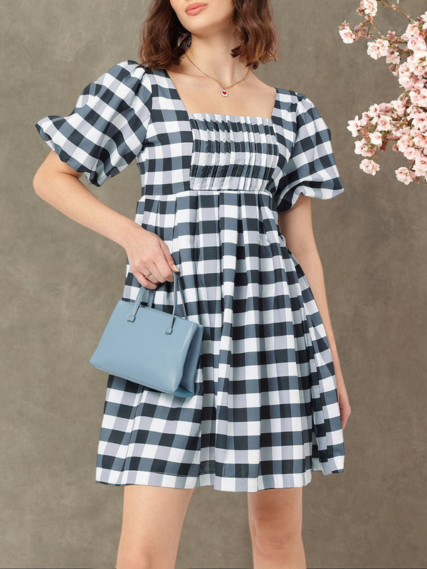 DressBerry Charming & Sassy Puff-Sleeve Monochrome A-Line Mini Dress