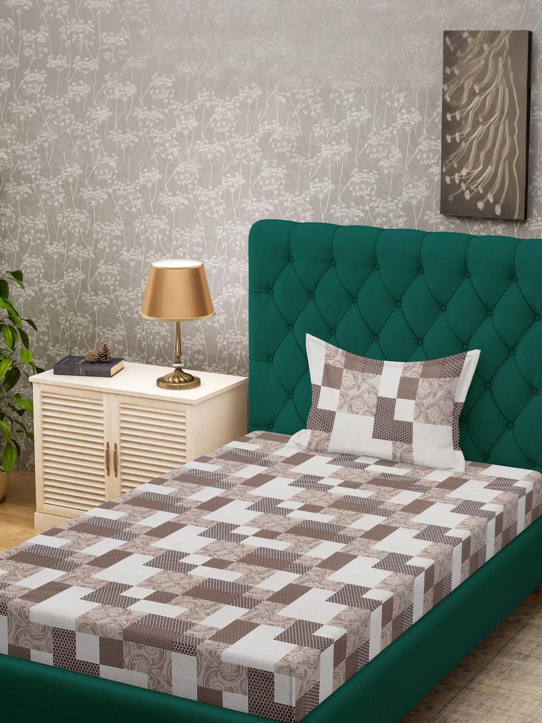 KLOTTHE Brown & White Geometric 400 TC Single Bedsheet with 1 Pillow Covers