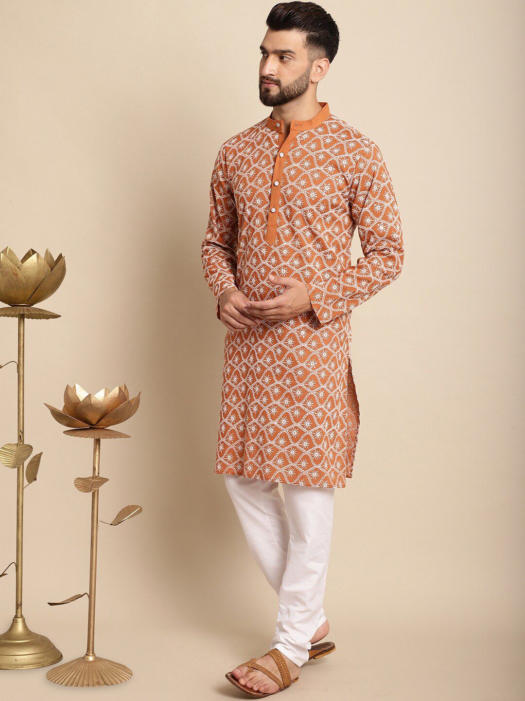 Anouk Orange-Coloured & White Floral Embroidered Thread Work Pure Cotton Kurta Set
