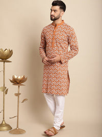 Anouk Orange-Coloured & White Floral Embroidered Thread Work Pure Cotton Kurta Set