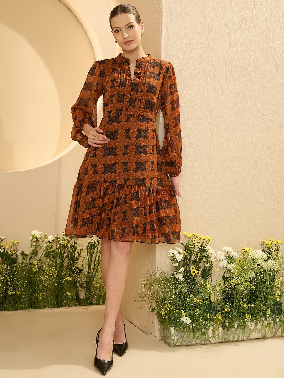 Antheaa Women Floral Print Bell Sleeve Chiffon A-Line Dress