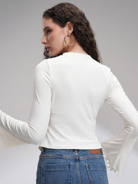 Tokyo Talkies Women Ribbed Mock Neck Bell Sleeve Fitted Top