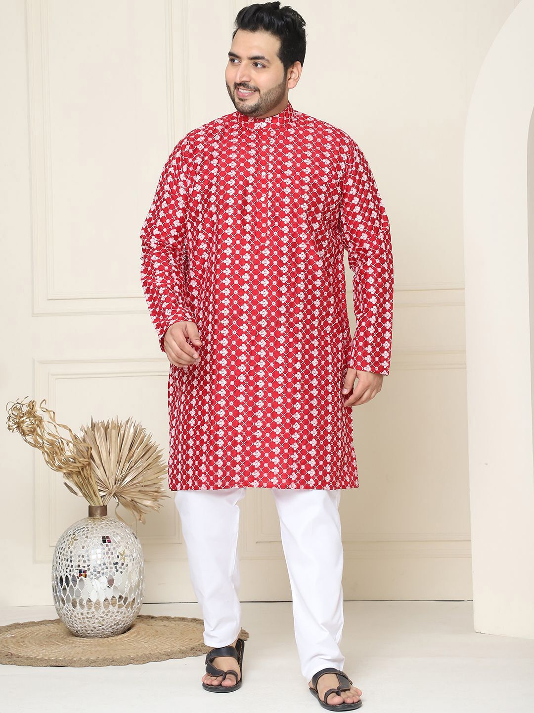 SOJANYA PLUS Motif Etnik Bersulam Kolar Jalur Kurta Lurus Dengan Piyama