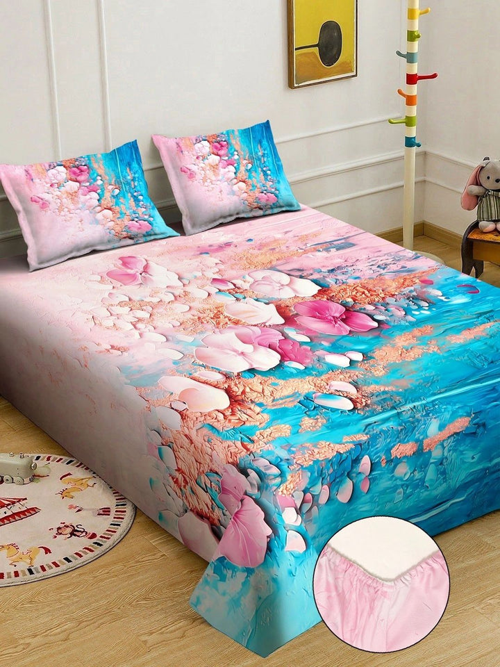 KLOTTHE Blue & Pink Floral Printed Fitted 400 TC King 7D Bedsheet with 2 Pillow Covers