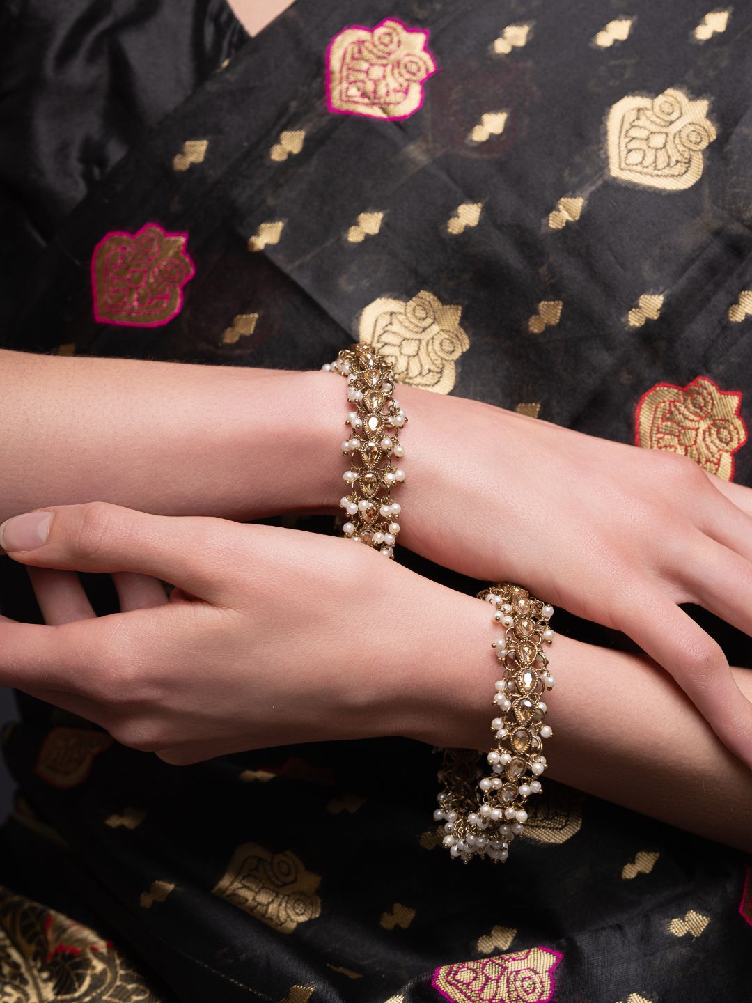 PANASH Set of 2 Gold-Plated American Diamond Stone Studded & Beaded Bangles