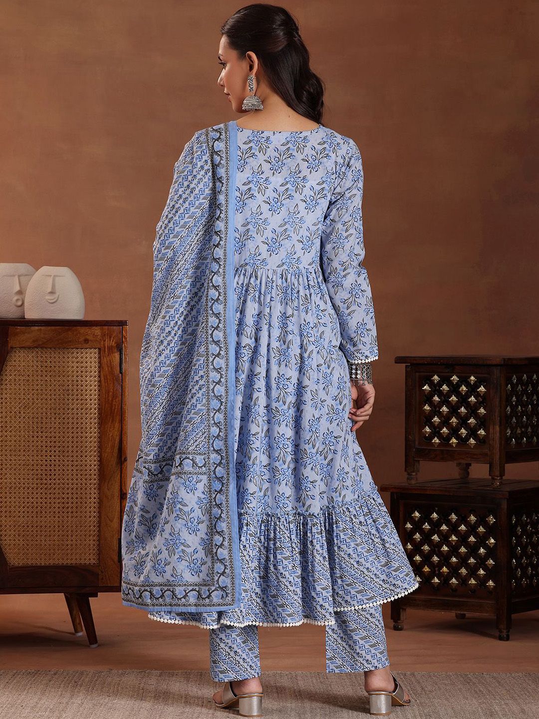 Libas Floral Printed Angrakha Pure Cotton Anarkali Kurta with Trousers & Dupatta