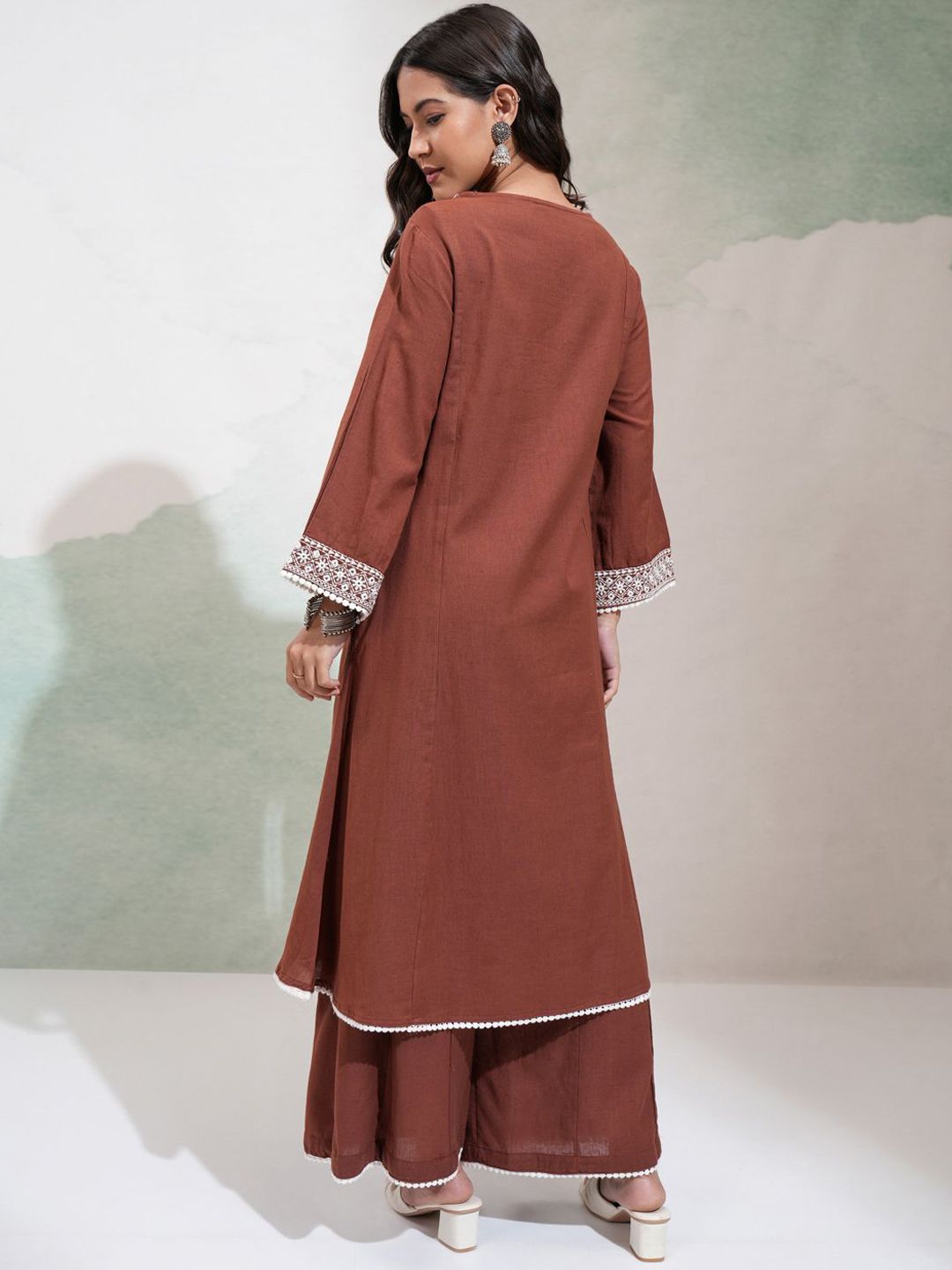 Vishudh Floral Embroidered V-Neck Panelled Mirror Work Kurta With Palazzos