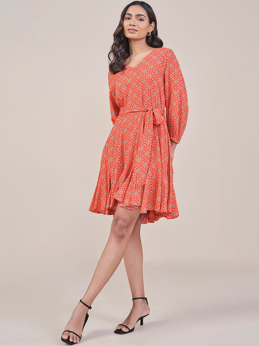 Global Desi  Women Orange Printed A-Line Long Puff Sleeves V Neck Ethnic Dresses