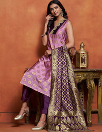 KALINI Dharti Floral Woven Design V-Neck Banarasi Straight Kurta With Salwar & Dupatta