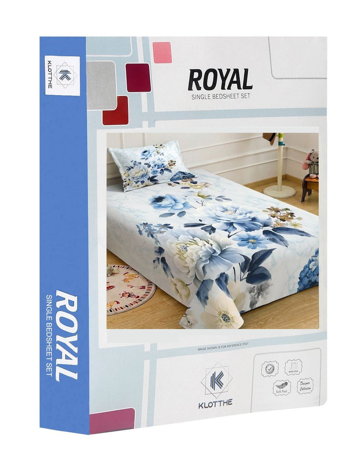 KLOTTHE Blue & White Floral Flat 400 TC Single 7D Bedsheet with 1 Pillow Covers