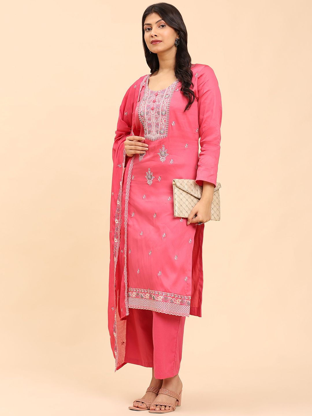 Mamicha Women Floral Embroidered Regular Pure Cotton Kurta with Palazzos & With Dupatta