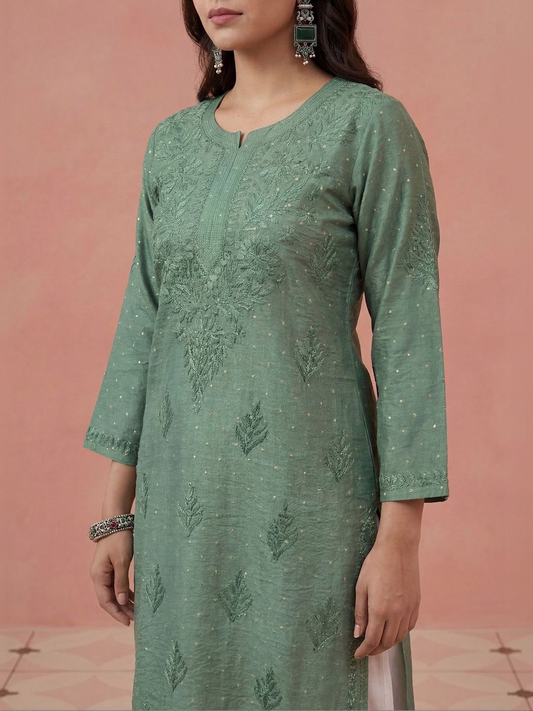 Rumah Wanita Chikankari Motif Etnik Sulam Benang Kerja Kurta Sutera Chanderi