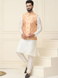 SOJANYA Mandarin Collar Silk Cotton Straight Kurta with Churidar & Nehru jacket