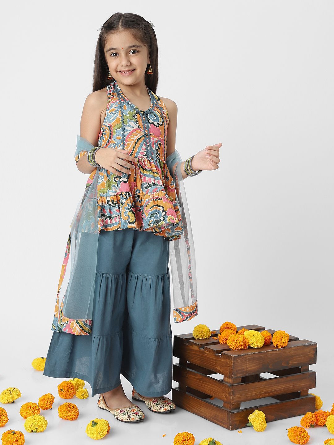 Nautinati Girls' Printed Kurti Sharara Set with Dupatta