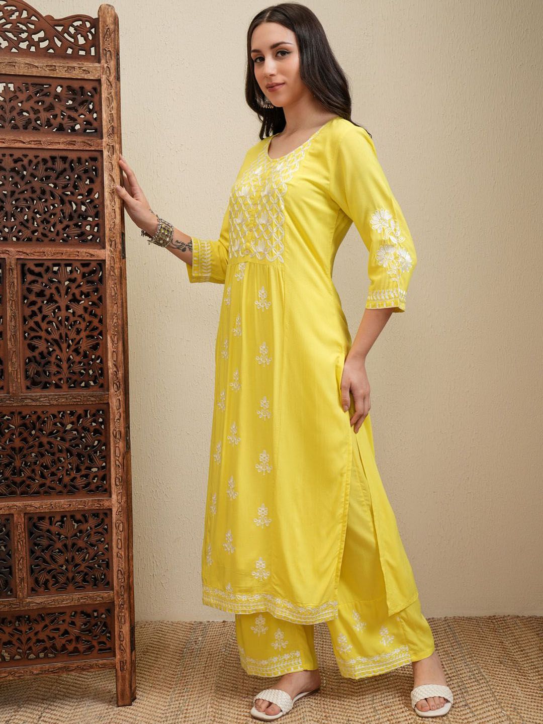 Vishudh Yellow Floral Embroidered Round Neck Thread Work Straight Kurta With Palazzos