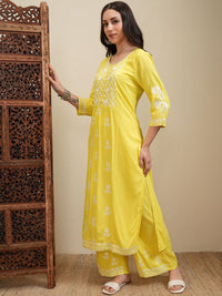 Vishudh Yellow Floral Embroidered Round Neck Thread Work Straight Kurta With Palazzos