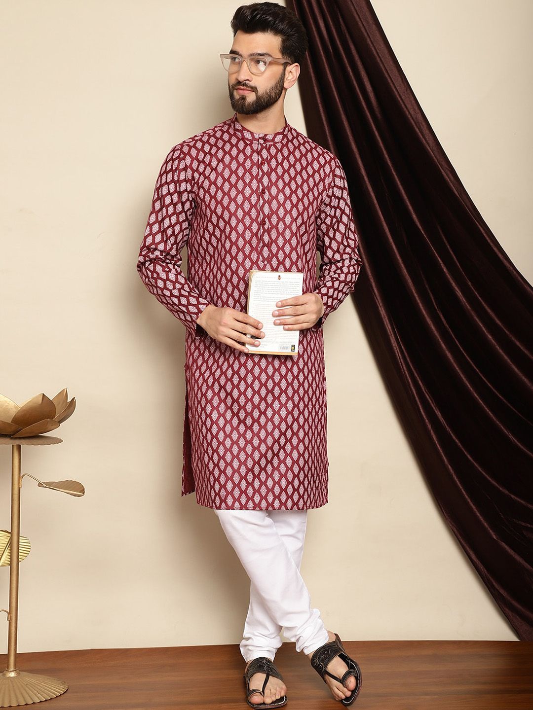 Anouk Maroon Bandhani Printed Mandarin Collar Straight Kurta With Churidar