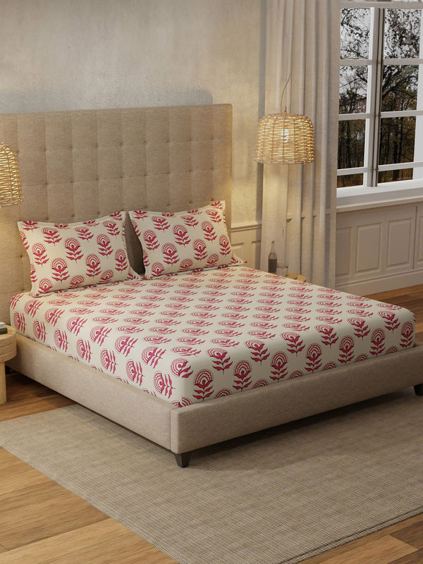 URBAN SPACE Florabell Cherry Red 200 TC Floral Queen Bedsheet