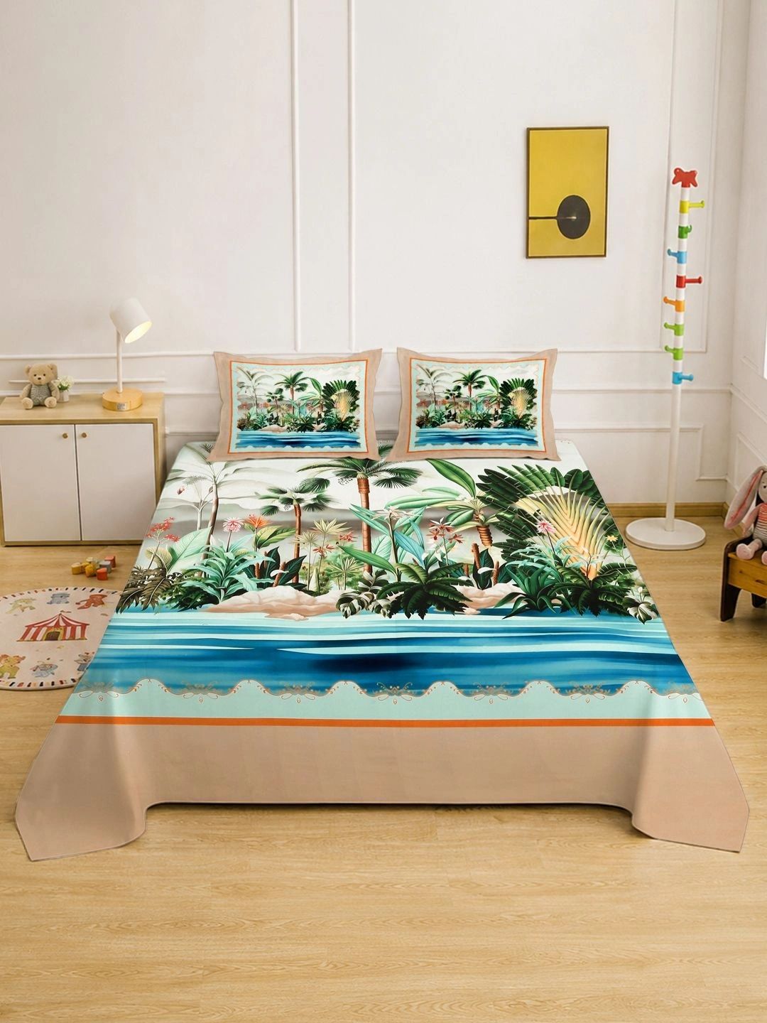 KLOTTHE Green & Blue Floral 400 TC King Bedsheet with 2 Pillow Covers