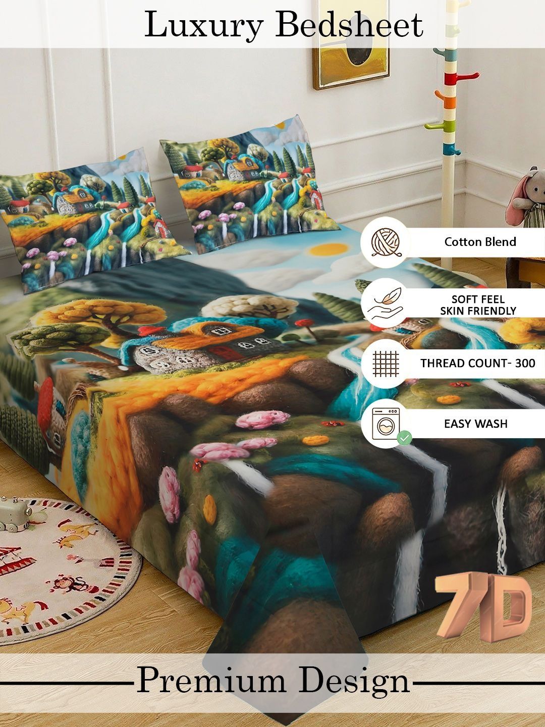 Myntra Elegant Green Cartoon Printed 400 TC King 7D Cadar & 2 Sarung Bantal 250X225 cm