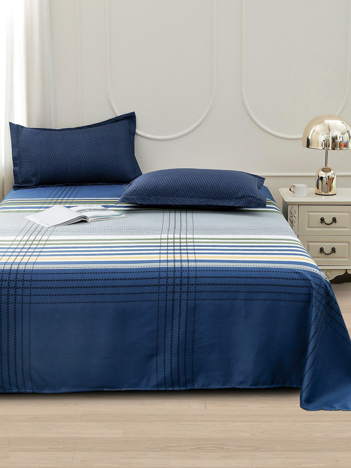 Story@home Blue & White Striped 240 TC Satin Finish Queen Bedsheet Set