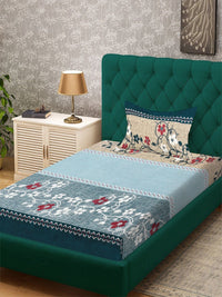 KLOTTHE Blue & White Floral Printed 300 TC Woolen Single Bedsheet With 1 Pillow Cover