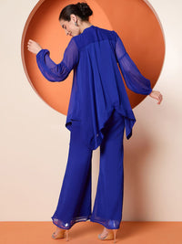 Antheaa Blue Embellished Band Collar Top With Palazzo