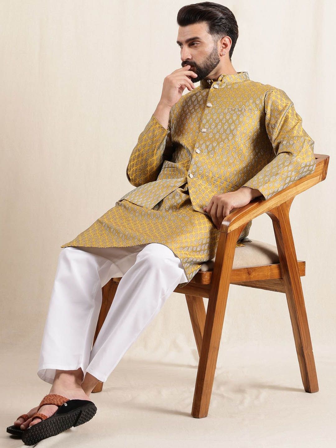 Anouk Men Ethnic Woven Design Band Collar Regular Kurta With Pyjamas