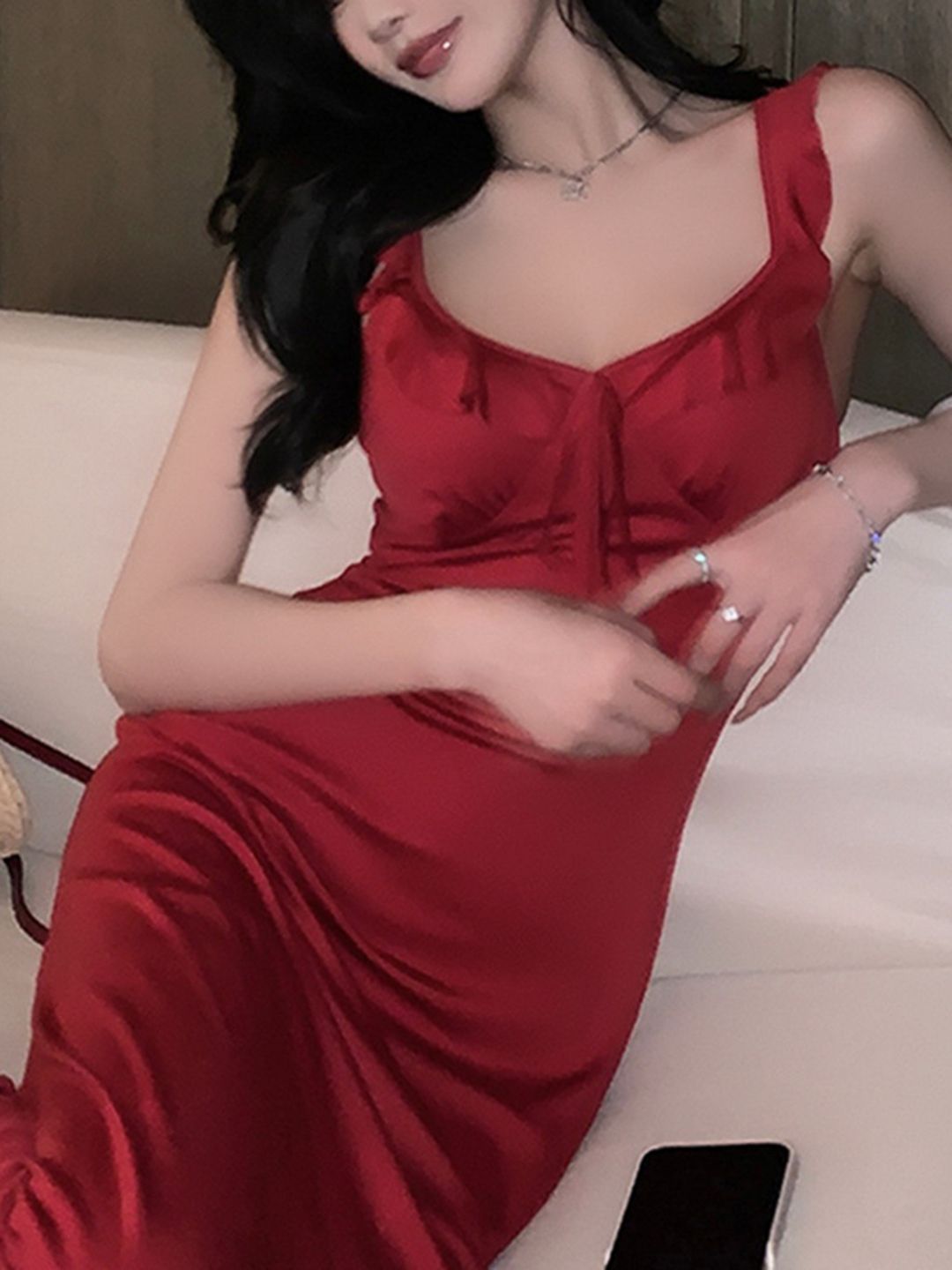 DressBerry Women Solid Red Shoulder Straps Neck Sheath Dress