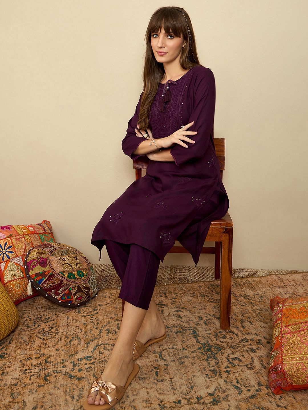 Indo Era Burgundy Floral Embroidered Tie Up Neck Straight Kurta