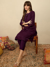 Indo Era Burgundy Floral Embroidered Tie Up Neck Straight Kurta
