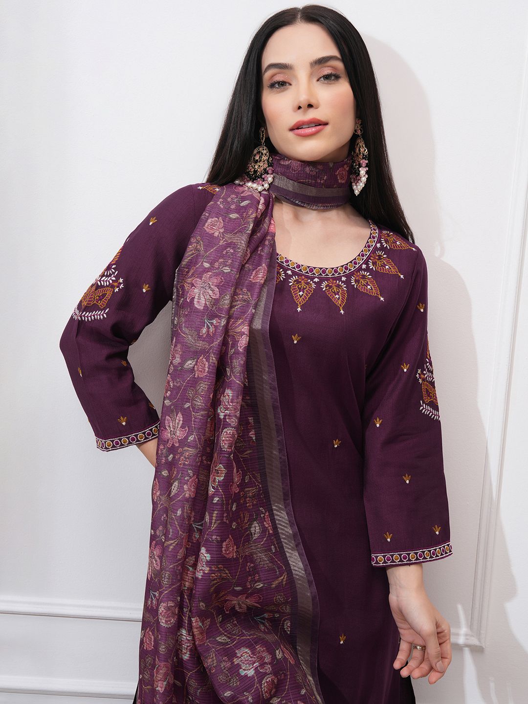 Vishudh Women Ethnic Motifs Embroidered Regular Thread Work Kurta with Trousers & With Dupatta