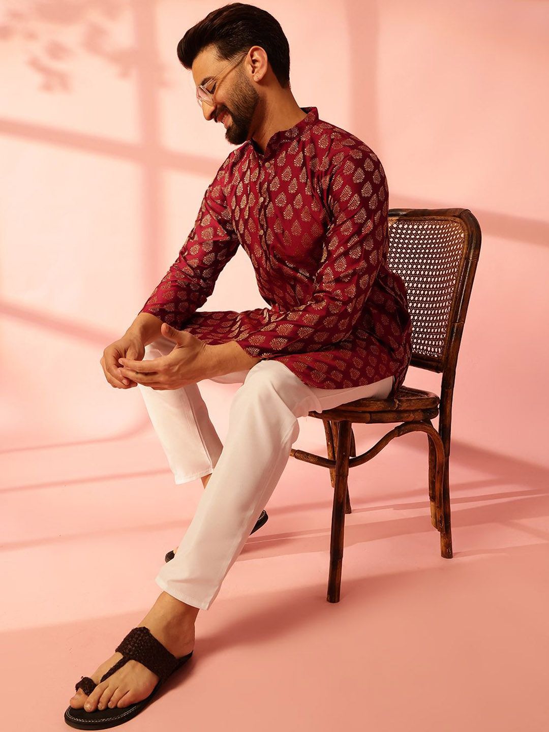 Anouk Ethnic Motifs Woven Design Mandarin Collar Straight Kurta