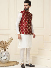 SOJANYA Mandarin Collar Silk Cotton Straight Kurta with Churidar & Nehru jacket