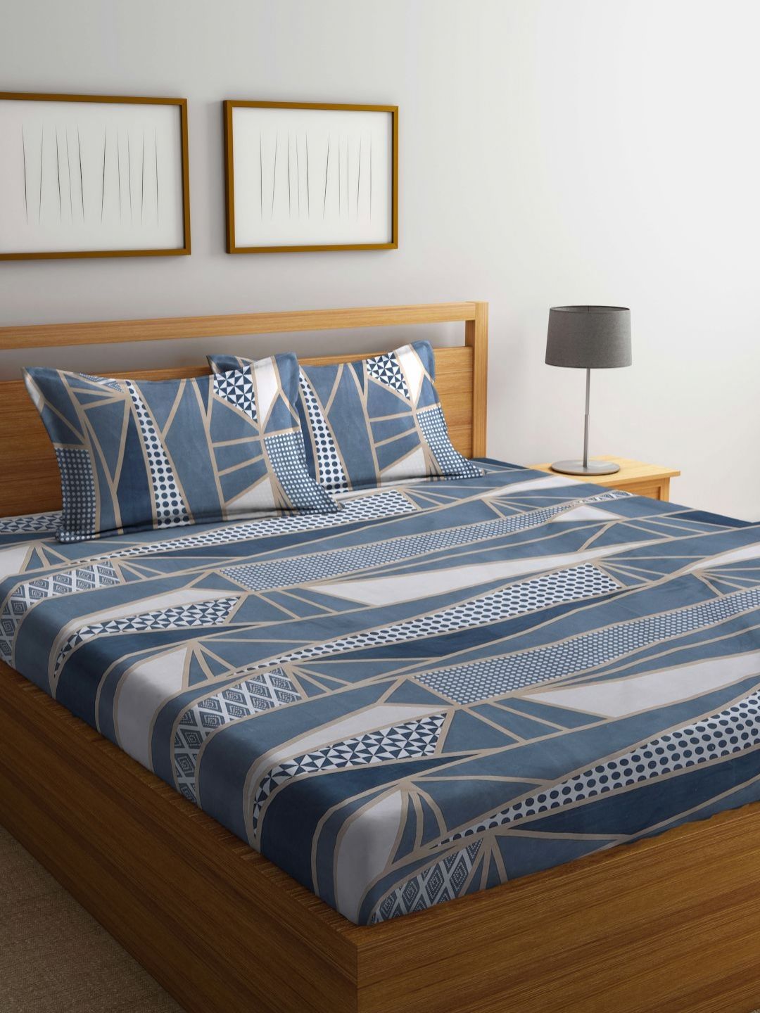 Myntra Elegant Homes Grey & White Geometric Printed Dilengkapi 300 TC King Bedsheet dengan 2 Sarung Bantal