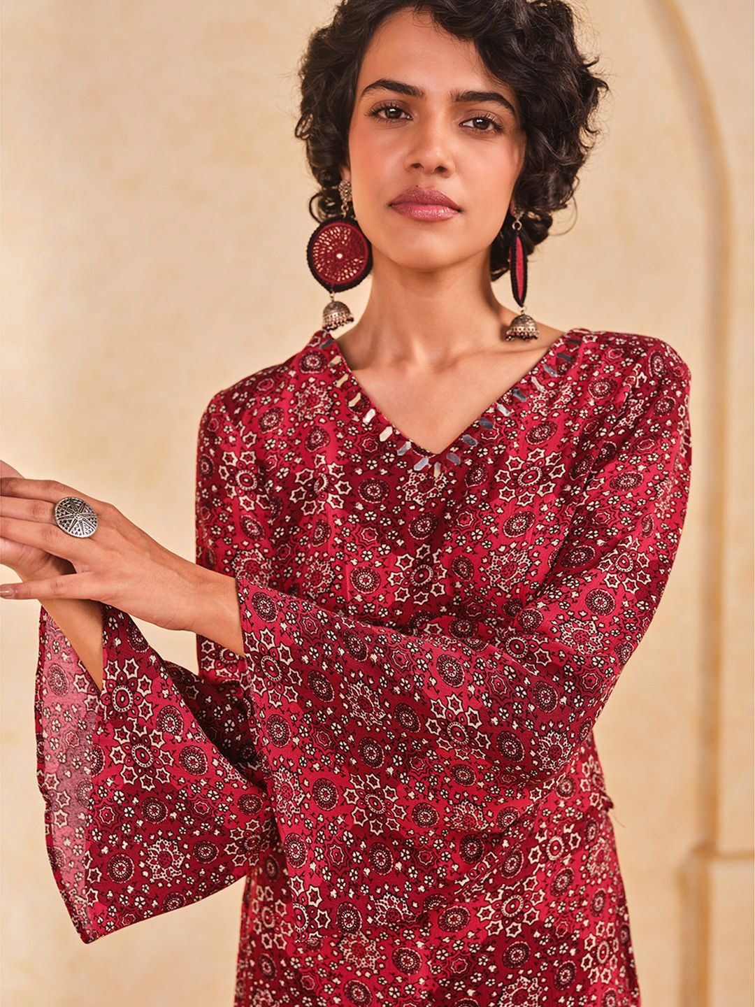 Global Desi Printed V-Neck Top With Palazzo