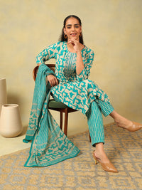 Mamicha Women Printed Regular Thread Work Pure Cotton Kurta with Trousers & With Dupatta