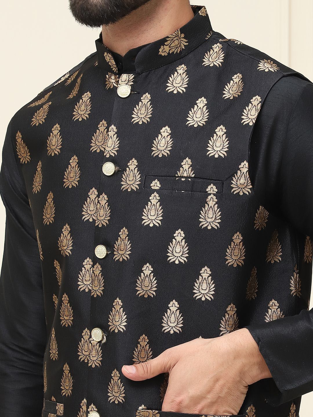 SOJANYA Mandarin Collar Silk Cotton Straight Kurta with Churidar & Nehru jacket