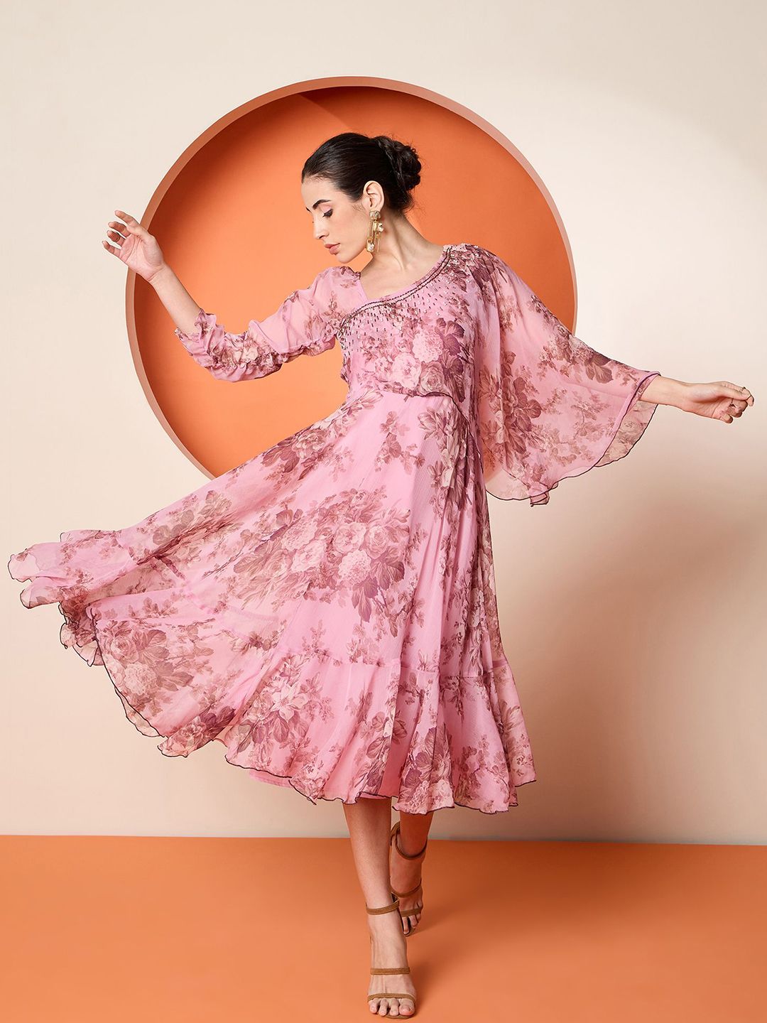 Antheaa Women Embellished Print Flared Sleeve A-Line Midi Dress